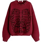 SHENHE Women's Oversized Skeleton Pattern Ripped Sweater Pullover | Gothic Sweater,Skull Sweaters ,Sweaters for Women,Round Neck,Skeleton Pattern