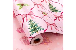 Yarcony Reversible Pink Christmas Wrapping Paper Roll, Girly Bows Wrapping Paper, Pink and Green Coquette Bows Christmas Gift Wrap for Holiday, Girls Birthday, Party (Mini Roll, 17 Inch X 33 Feet)