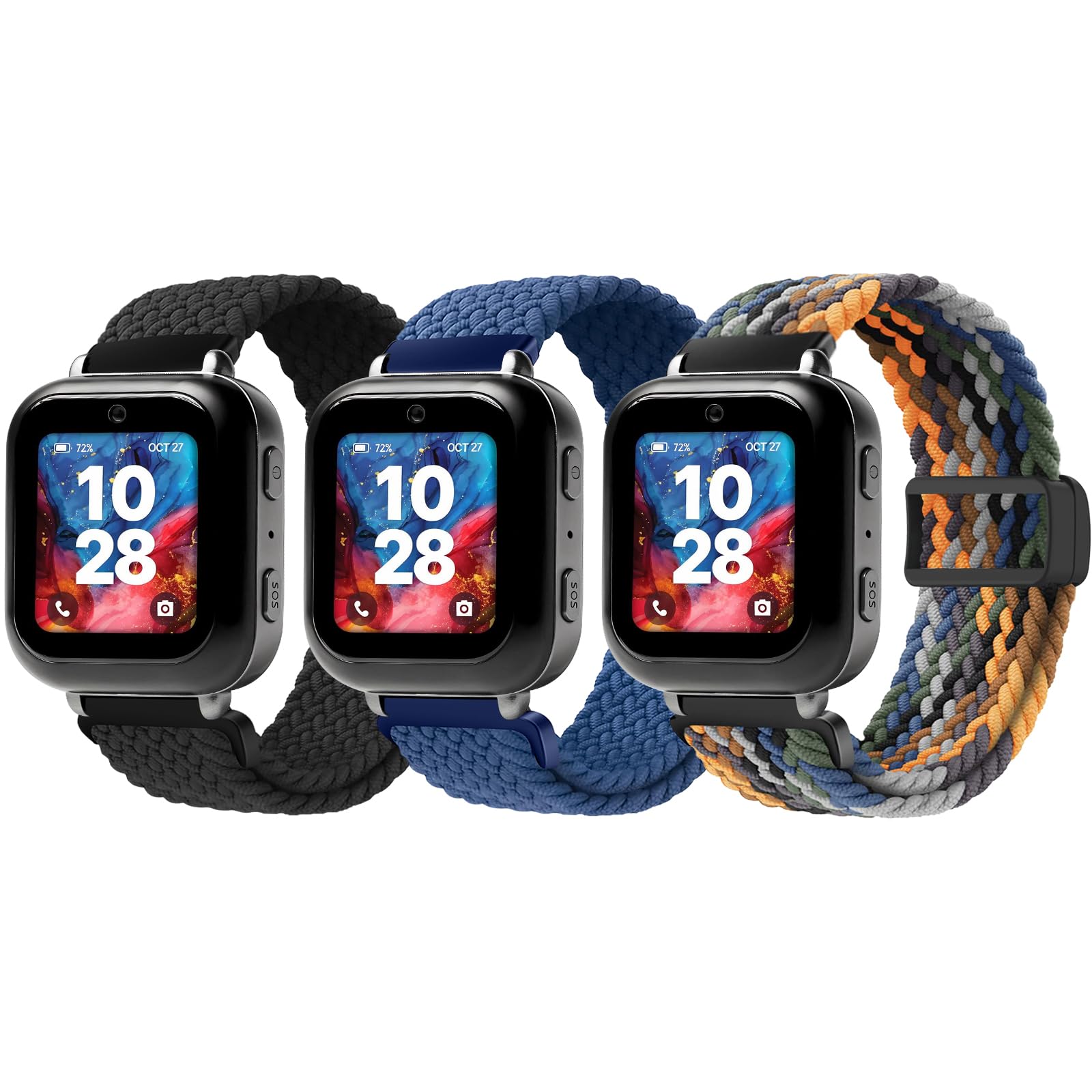 SimpleThings Braided Bands Compatible with Bark Watch, 3Pack Solo Loop Stretchy Watch Bands with Adjustable Easy Buckle for Kids Boys Girls (Black&Blue&Jean)