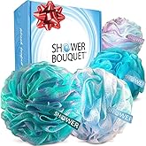 SHOWER BOUQUET Loofah Bath-Sponge Swirl-Set-XL-75g Extra-Large Mesh Pouf (4 Pack Color Swirls) Luffa Loofa Loufa Puff Scrubbe