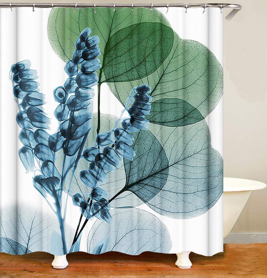 M&W DasDesign Shower Curtain Natural Plants Bathroom Green Textile Curtain Anti-Mould Effect Flowers Washable Shower Curtain Leaves Blurred Style Including 12 C-Rings Weight Bottom 180 x 200 cm (W x