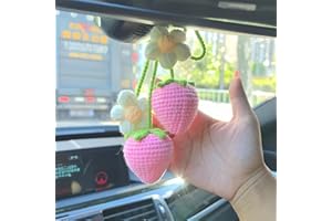Car Rear View Mirror Hanging Accessories, Cute Strawberry Car Accessory, Crochet Car Decor, Hand Knitted Car Mirror Hanger