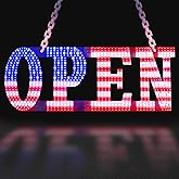 30x10 Inch LED Open Sign American Flag, Super Bright Steady & Flash Modes with Hanging Chain, High Visibility for Restaurant Bar Salon Retail Hotel Shop Window