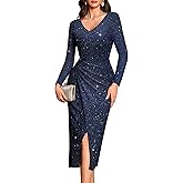 Bbonlinedress Women Maxi Long Split V Neck Wrap Wedding Guest Dress Long Sleeve Glitter Sequin for Gowns Cocktail