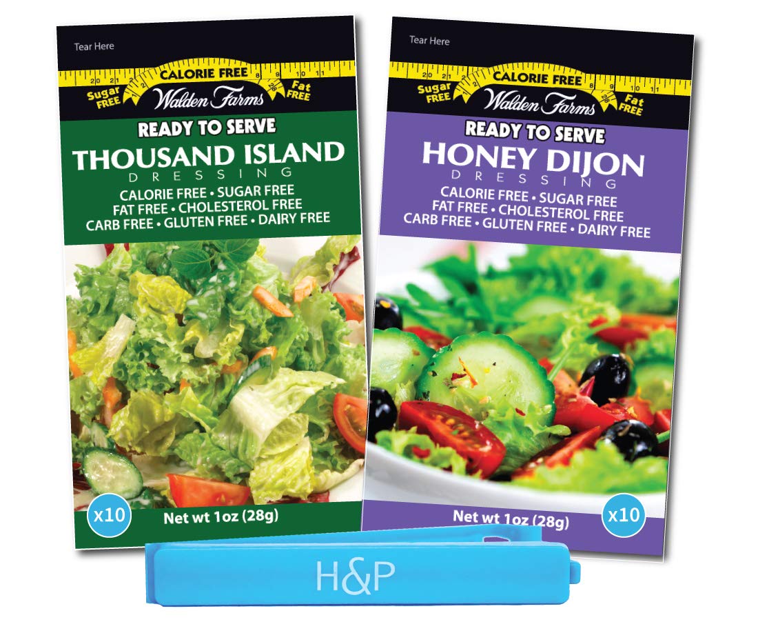 Walden Farms On-the-Go Salad Dressing Packets in Ready to Serve Calorie Free Packs, 20 - 1 oz Pouches Includes 10 Thousand Island and 10 Honey Dijon Packets with H&P Bag Clip
