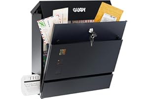 GUGY Steel Wall Mount Mailbox for Outside With Lock, 14.57x4.33x14.57 inch Large Capacity Mailboxes With Newspaper Holder Hanging, Outdoor Waterproof & Rustproof Drop Box for House,Office,Porch -Black
