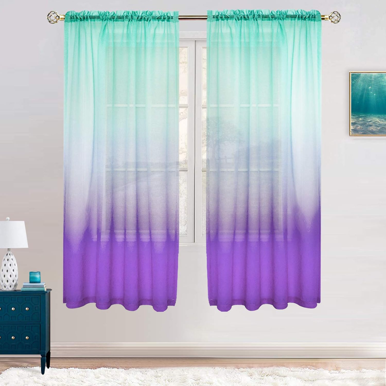 Lilac Turquoise Ombre Sheer Curtains Mermaid Decor