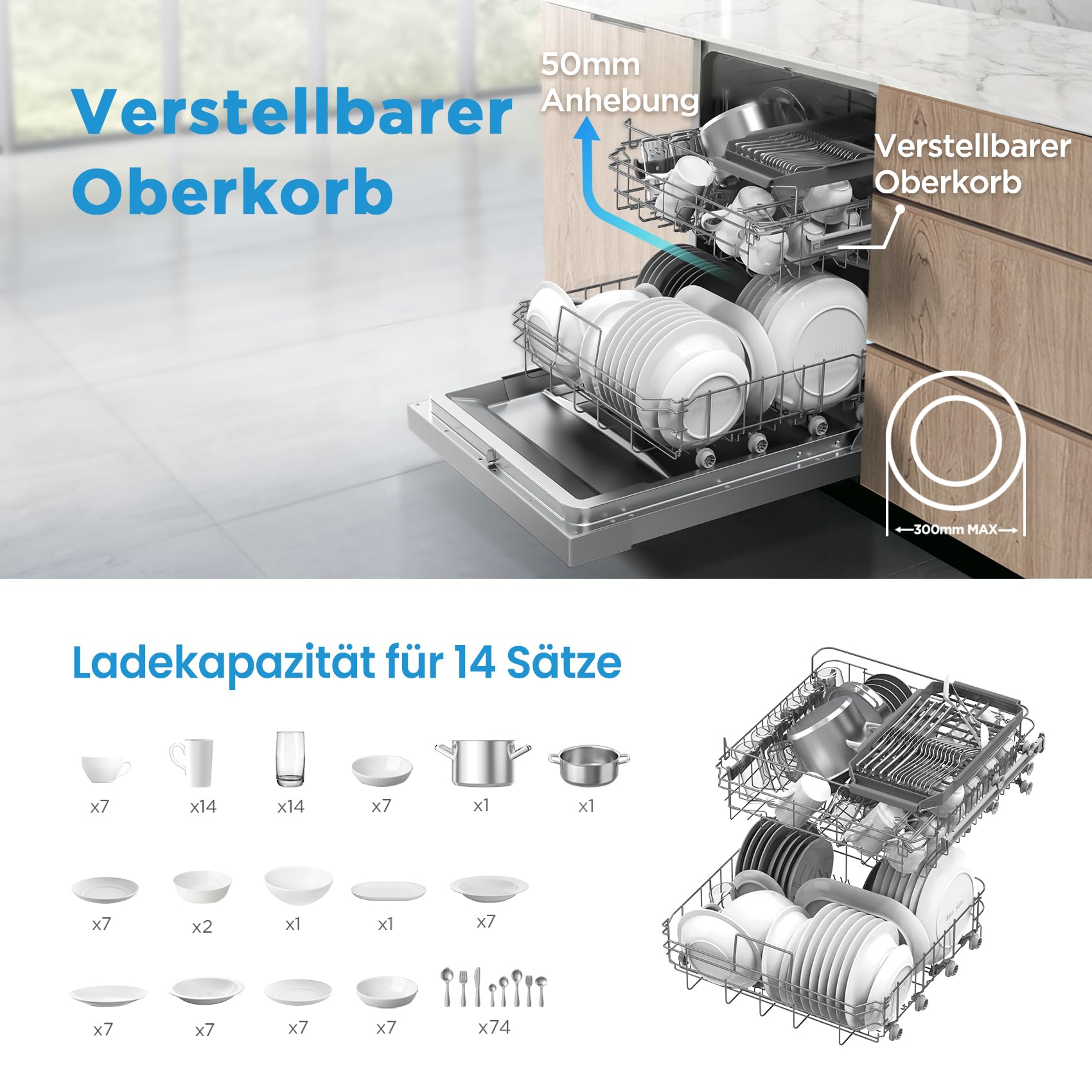 Midea SU 5.35X14CS Geschirrspüler Unterbau, 14 MGD, Spülmaschine 60 cm, Home Connect, Hygienepflege+, Maschinenpflege+, Extra Trocknung, Halbe Beladung, 44 db, Startverzögerung, Edelstahl 4