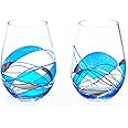 Antoni Barcelona Stemless Wine Glasses Set of 2 (21 Oz) - Handblown & Handmade, Painted Blue Wine Glass, Gifts for Women, Birthdays, Anniversaries, and Weddings - 2 Unit (Set 2)