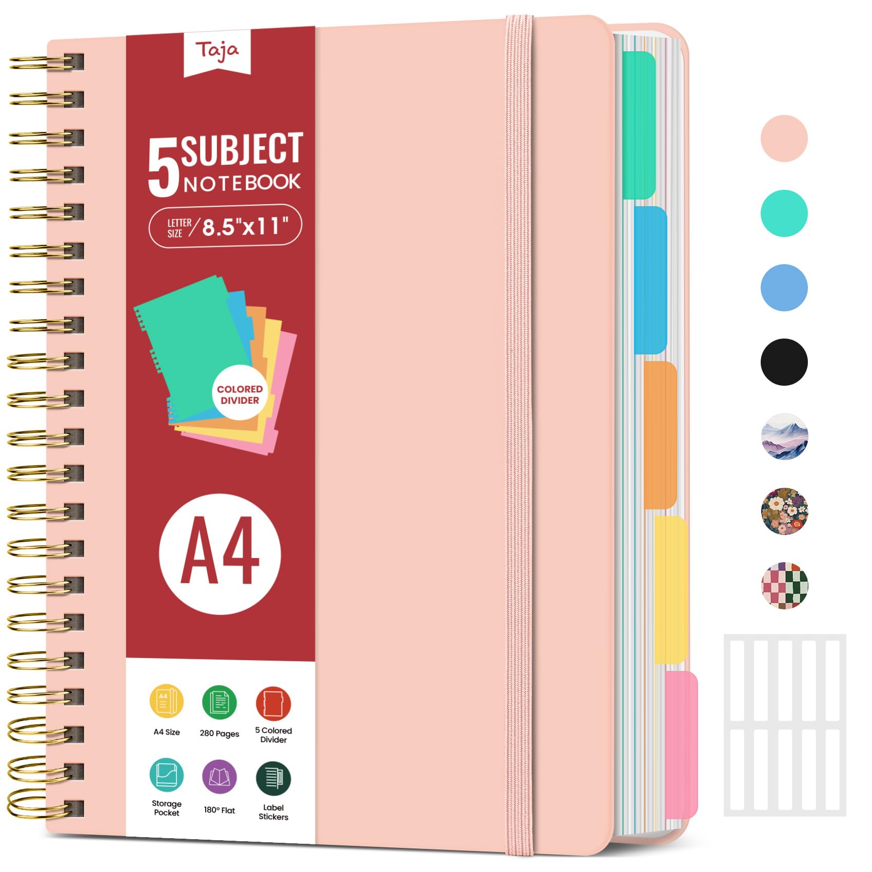 Photo 1 of Large Spiral Lined Notebooks for Work With Removable Dividers & Tabs, 8.5"x11" Hardcover 5 Subject Notebook for Note Taking & Organizer, A4 College Ruled Journal for Women & Writing, Pink, 280 Pages