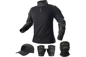 SANYETS Mens Tactical Camo Shirt,Long Sleeve Combat Shirt,Cap Gloves Balaclava and 1/4 Zip Military Top Airsoft Gear