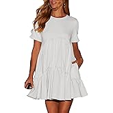 Feiysoi Women Babydoll Summer Causal Solid Dresses Crew Neck Short Sleeve Flowy Mini Sun Dresses with Pockets 2025 Trend