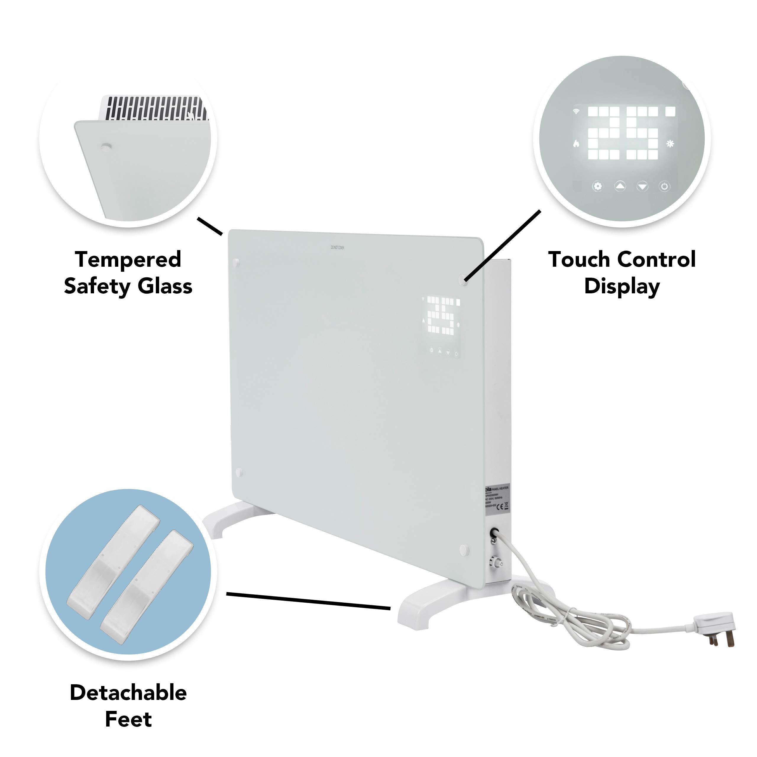 Devola Wifi Enabled Smart Electric Glass Panel Heater 1500W | Alexa Heating Control, Open Window Detection, Wall Mounted & Free Standing Low Energy Heaters with Timer | Lot 20, DVPW1500WH (White)