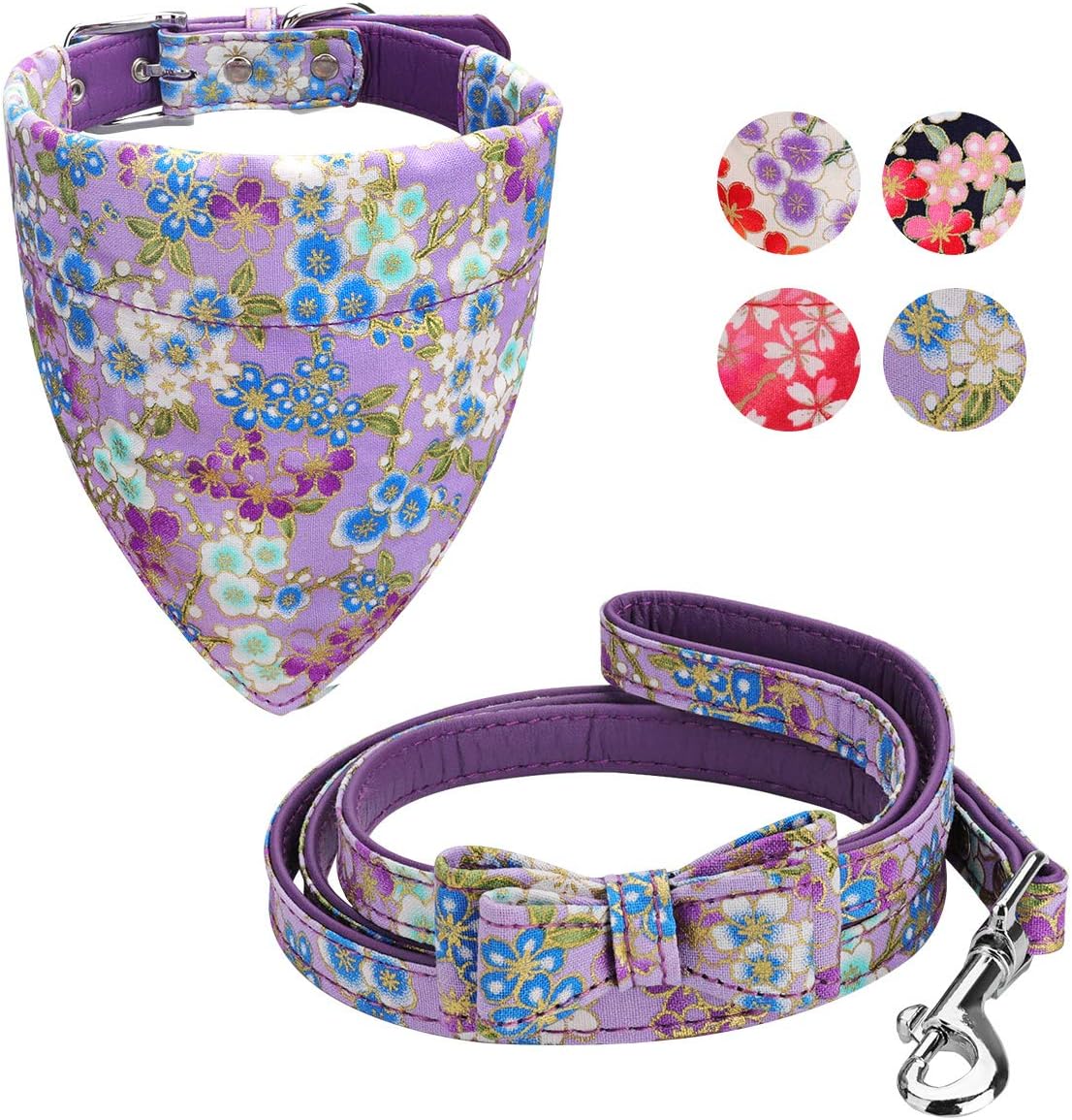 Vaburs Dog Collar Dog Bandana and Dog Leash Set Adjustable Fancy Dog Collar with Bandana and Leash for Small Medium Large Dogs, Pattern Printing(M-Purple)