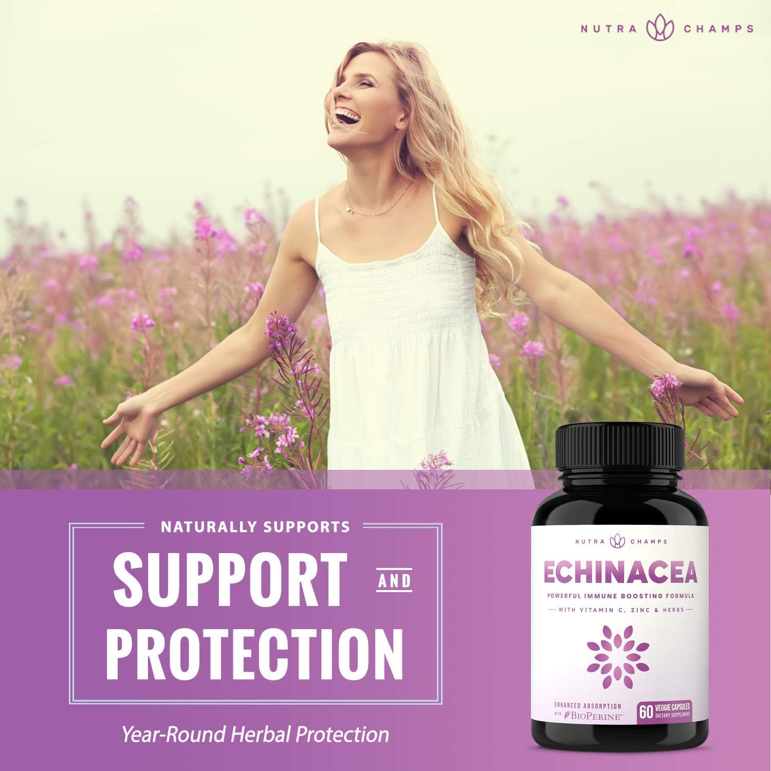 Echinacea Extract 1000mg Supplement with Goldenseal, Elderberry, Organic Reishi, Ginger, Vitamin C & Zinc - BioPerine for Superior Absorption - Immune System Boost & Overall Wellness Vegan Capsules: Health & Personal Care