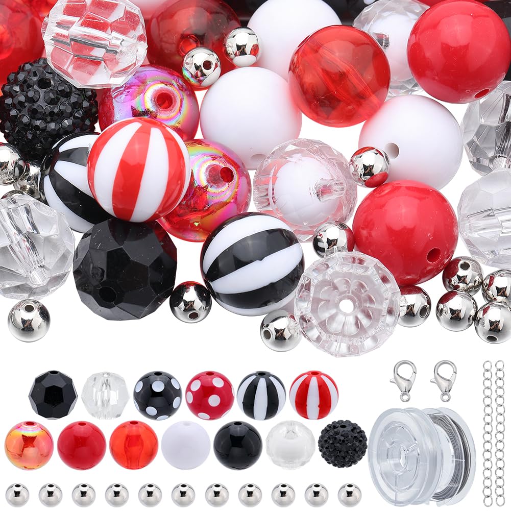 SUNNYCLUE 106Pcs Chunky Bead Set 20mm Bubblegum Beads Bulk Large Hole Chunky Beads Beaded Pen Beads Halloween Red Black Spacer Loose Beads for Jewellery Making Bracelet Necklace Pen Craft Supplies