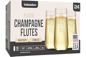 DECADORN Clear Stemless Champagne Flutes Plastic 24 Pack - 9oz Plastic Champagne Glasses - Durable and Sturdy Mimosa Glasses For Parties - Shatterproof, Recyclable, BPA-Free, Smooth Rims.