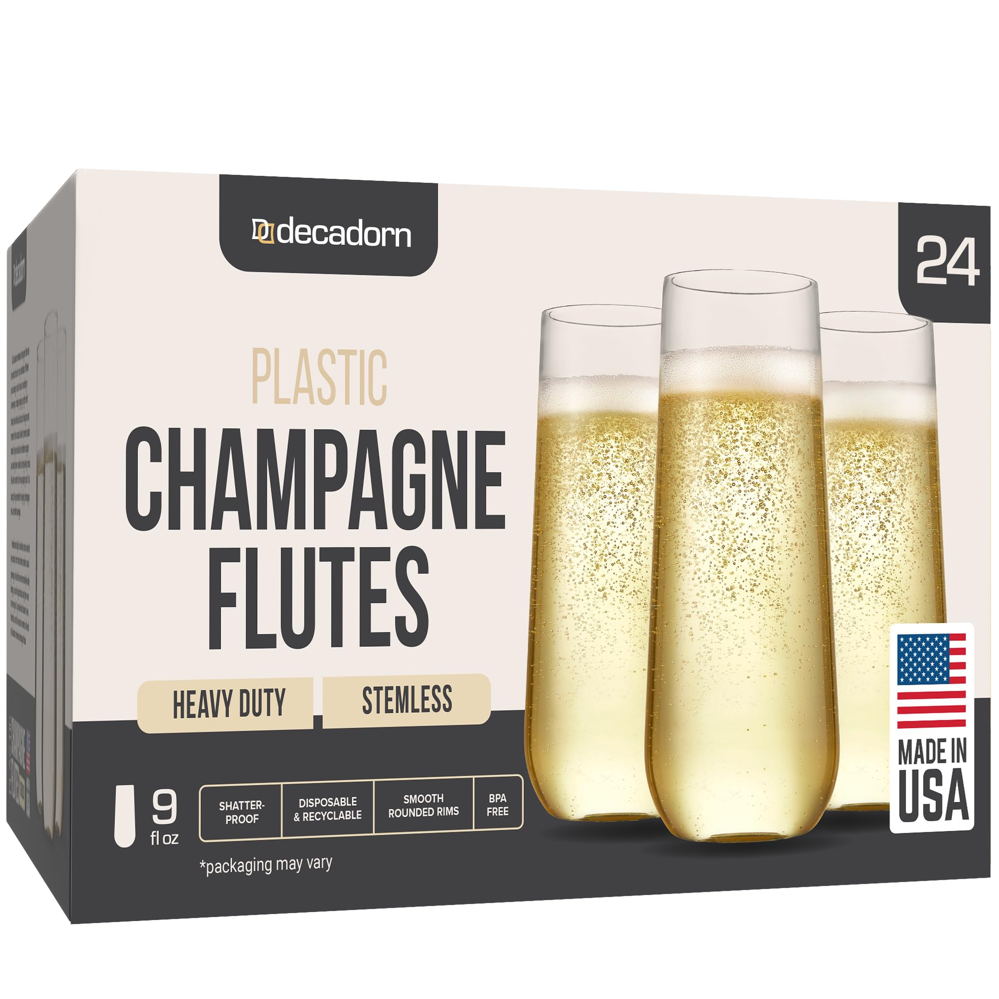 Photo 1 of DECADORN Clear Stemless Champagne Flutes Plastic 24 Pack - 9oz Plastic Champagne Glasses - Durable and Sturdy Mimosa Glasses For Parties - Shatterproof, Recyclable, BPA-Free, Smooth Rims.