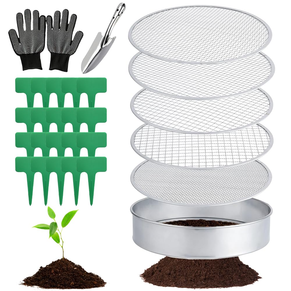 Garden Sieve Round 5-in-1 Garden Sieve Stainless Steel 30 cm with 5 Interchangeable Sieve Inserts Diameter 3, 6, 9, 10, 12 mm, Compost Sieve Round Metal, Includes Garden Shovel and 20 Plant Labels, 1