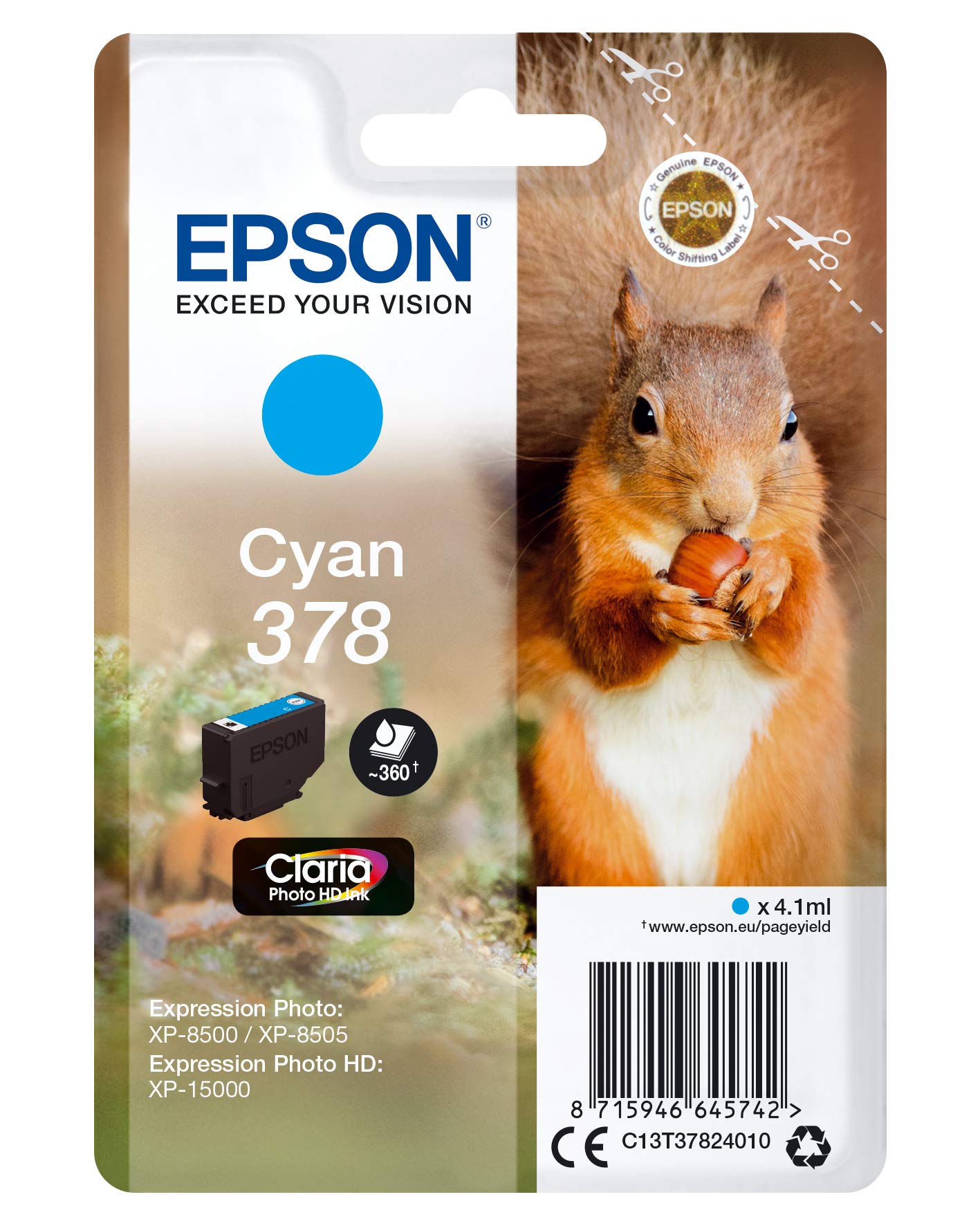 Epson 378 Cyan Squirrel Genuine, Claria Photo HD Ink Cartridge, Standard Capacity