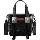 Montana West Wrangler Cowhide Tote Bag for Women Western Tooling Handbag Leather Fringing with Turquoise Stone Concho