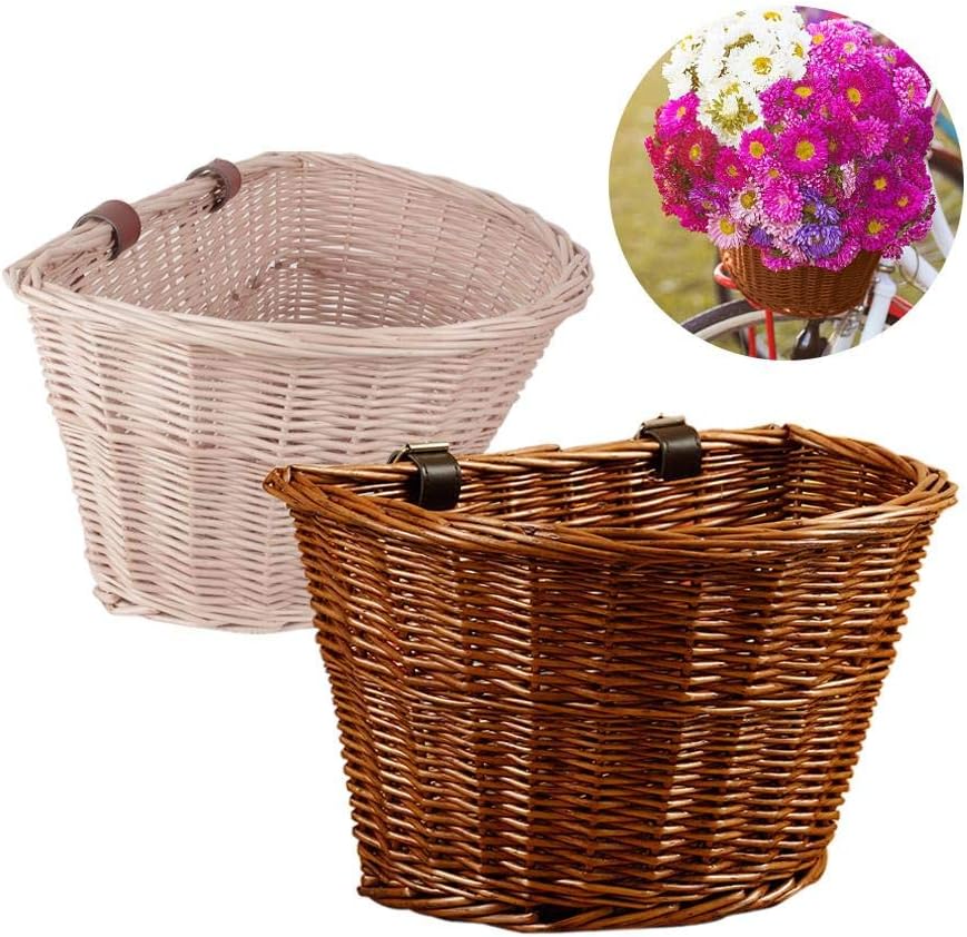 Mignon84Cook Traditional Handmade Bike Wicker Retro, Handmade, Wicker Bicycle Front Basket with Leather Straps for Girls Women Men And Gardeners