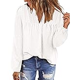 BETTE BOUTIK Women Boho Long Sleeve Shirts Dressy Casual V Neck Fall Fashion Tops Swiss Dot Flowy Blouses