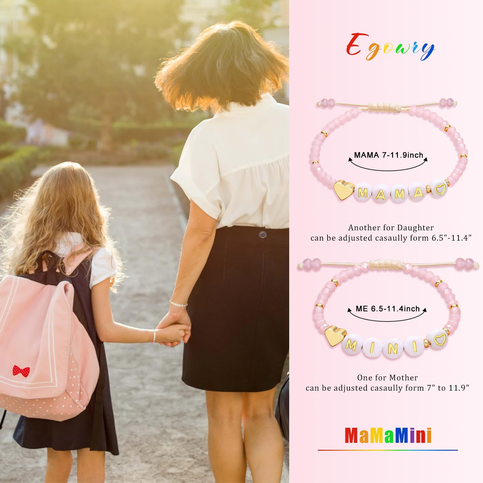 Egowry Mother Daughter Bead Bracelet Set for 2, Mommy and Me Matching Bead Bracelet, Mama and Mini Matching Heart Bracelets for Mom Daughter Valentines Mother's Day Gift