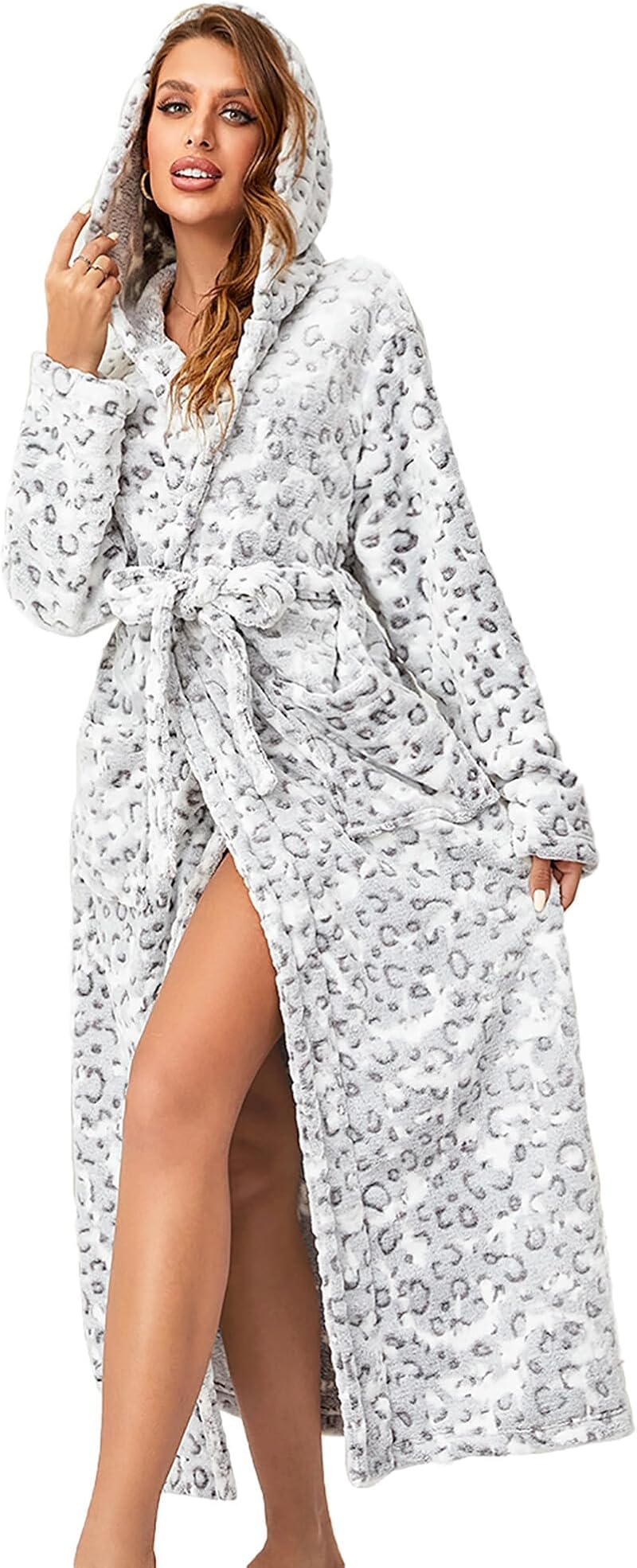 RONGTAI Women's Plush Fleece Hooded Robe Thick Nightgown Leopard Medium