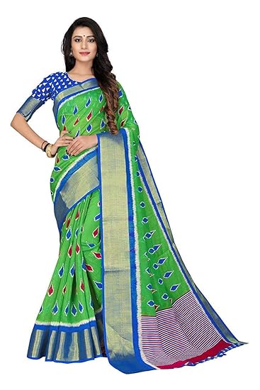 Women's Pochampally Silk Weave Green & Blue Saree with blouse Peice (VL_981_GREEN_FREE SIZE) 