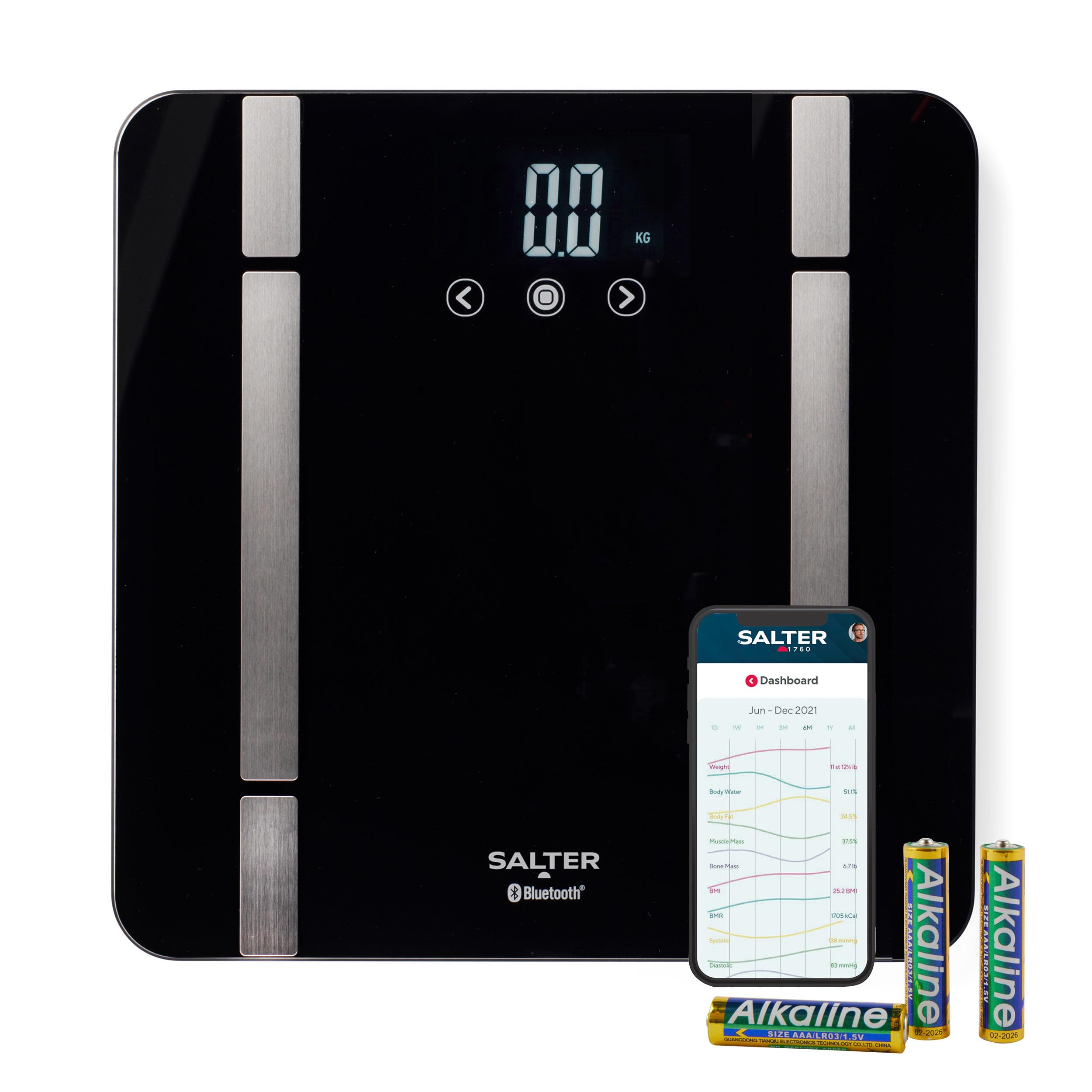 Salter Smart Bathroom Scale – Digital Body Weight Scale, Personal Scale, Measures Body Weight, Fat, Water, Muscle Mass, Bone Mass, BMI and BMR, 8 User, Bluetooth/App Connectivity