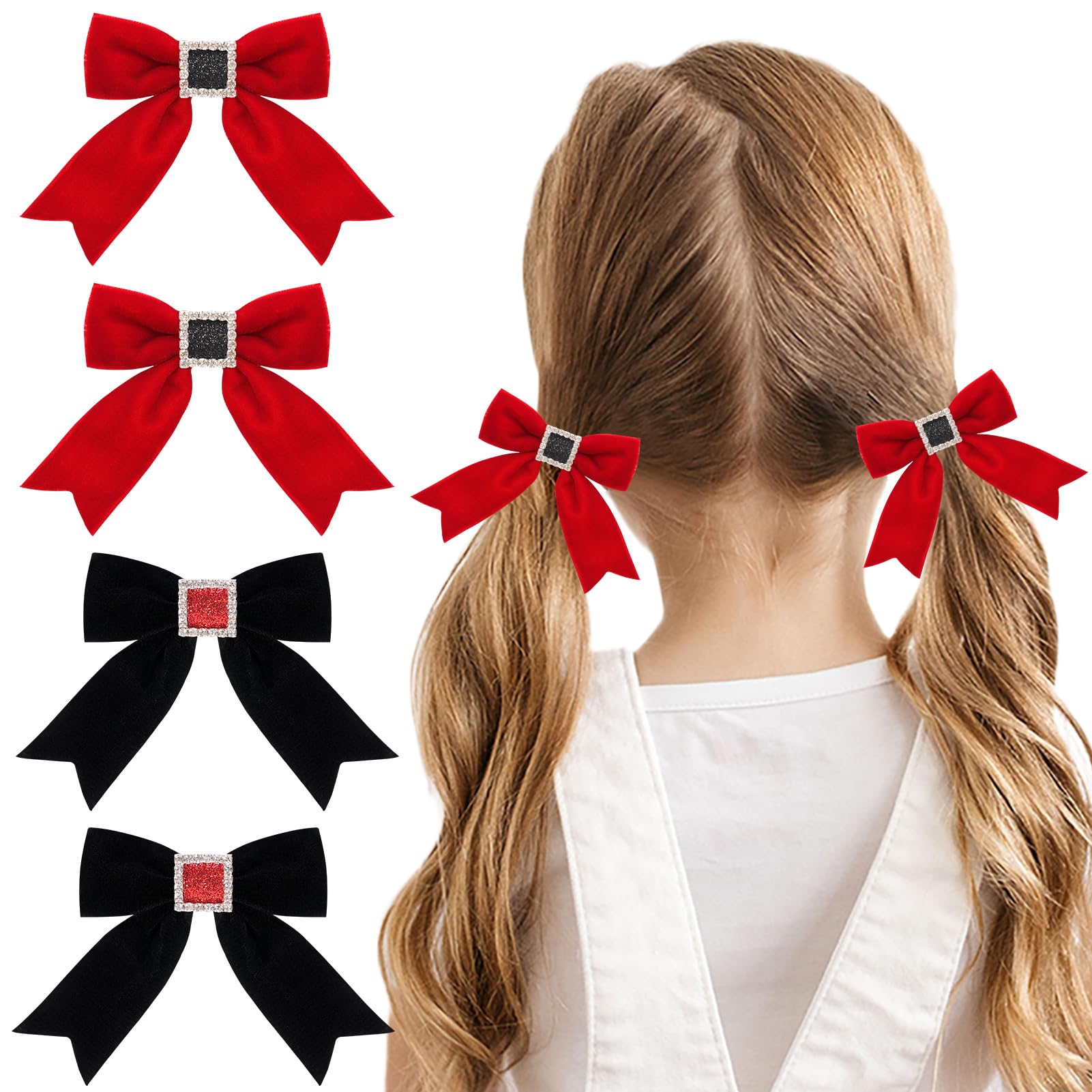 DPKOW Black Red Ribbon for Hair, 4pcs Velvet Bow Hair Clips Barrettes Christmas Hair Bows with Rhinestones, Vintage Bow Knot Hairpins for Woman Girls Hair Accessories Christmas