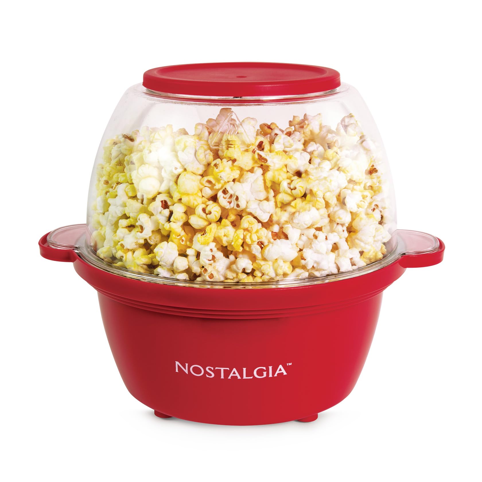 Nostalgia Electric Non Stick Stirring Popcorn Maker for 8 Cups of Theater Style Popcorn with Hot Oil - Dual-Use Lid & Serving Bowl Cool Touch Handles - Easy to Store - Red