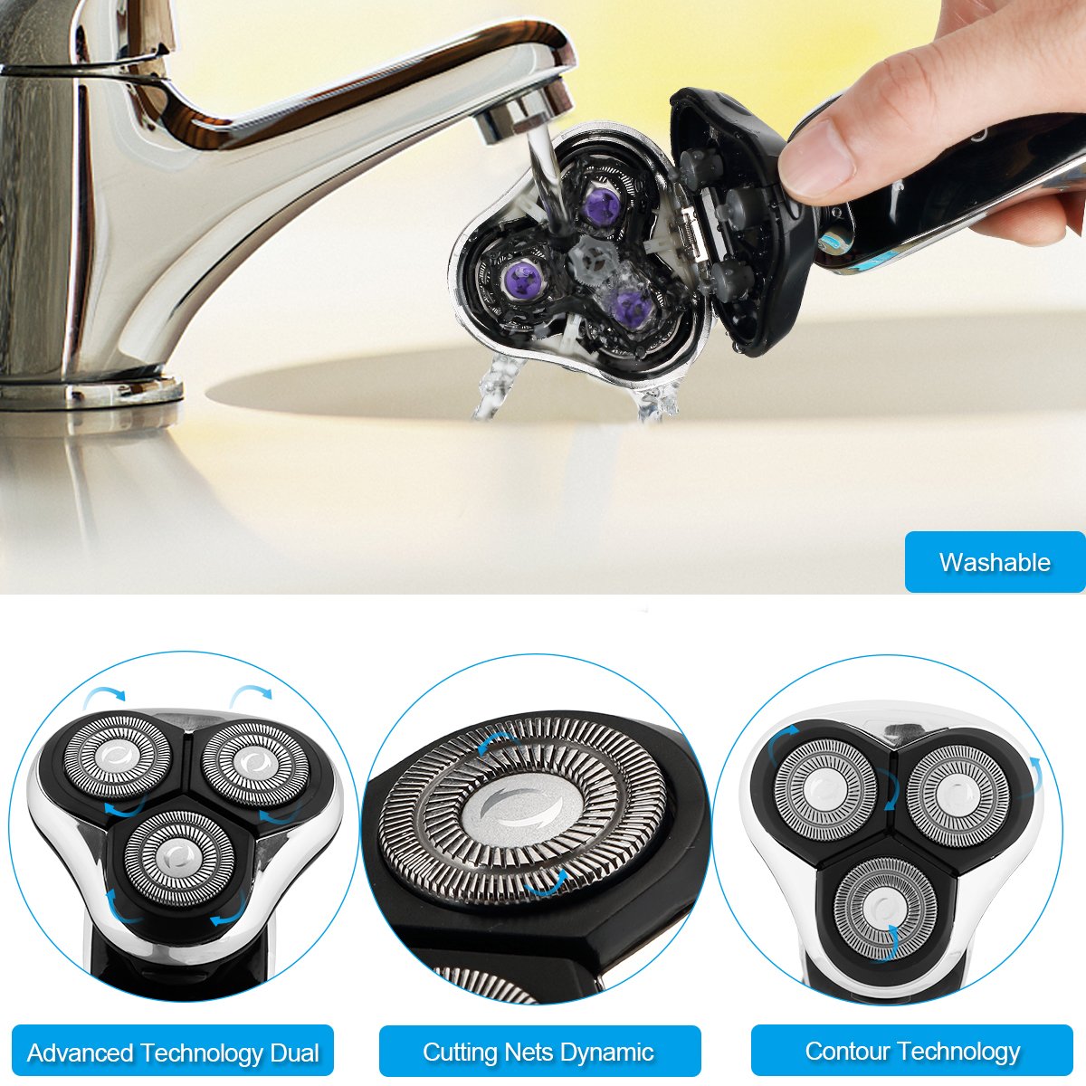 Rasoirs Électrique hommes 4 en 1, Rasoir à Têtes Rotatives Lavable Sans Fil Imperméable Rechargeable Humide/Sec Chargement USB Nez et Oreille, Rasage Rasoir Electrique Kit