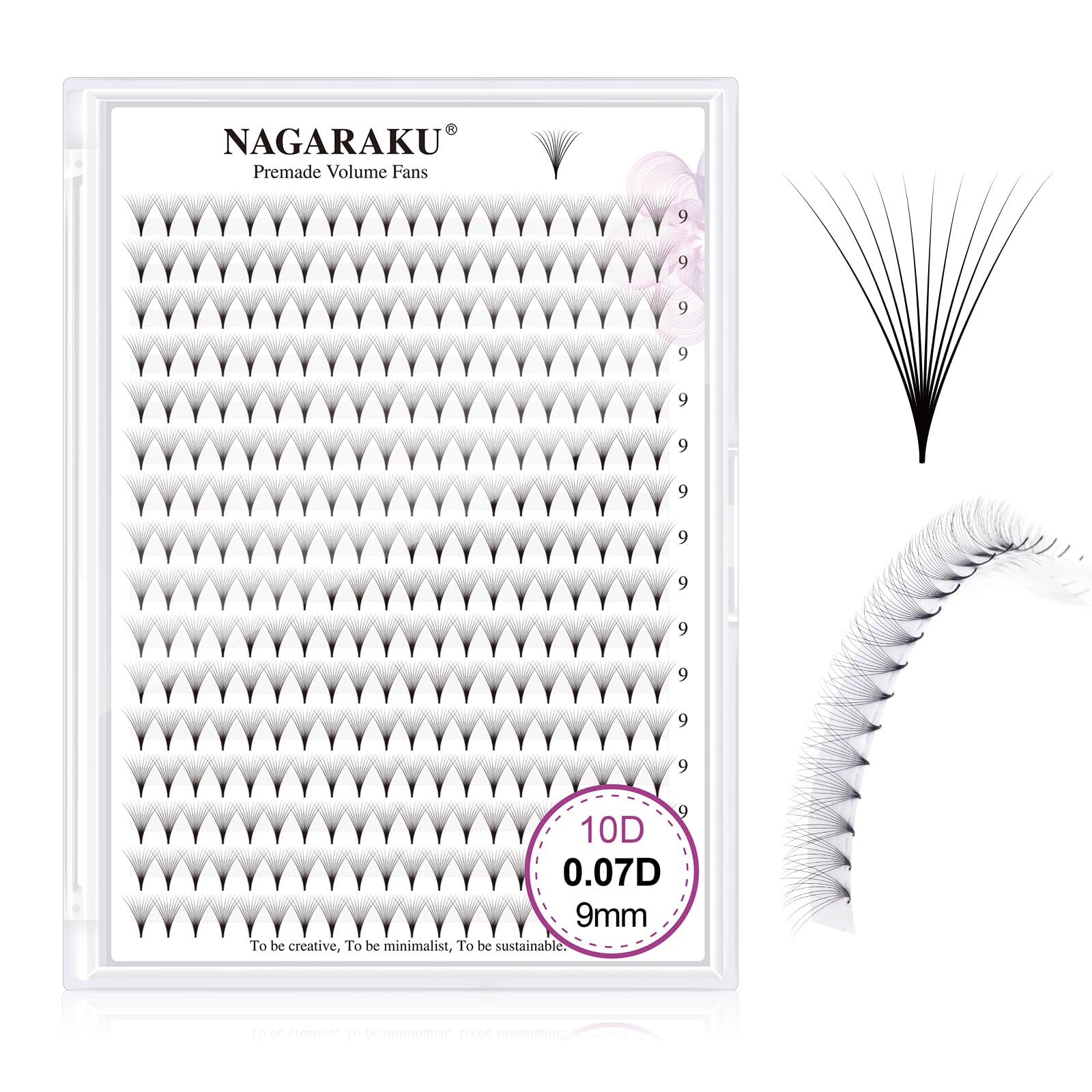 NAGARAKU Eyelash Extensions 320 Clusters Premade Fans Russian Volume Long Stem Premade Fans Thin Pointy Base Natural Pre Fanned Fluffy False Eyelash Black 16 Rows (10D 0.07 D Curl 9mm)