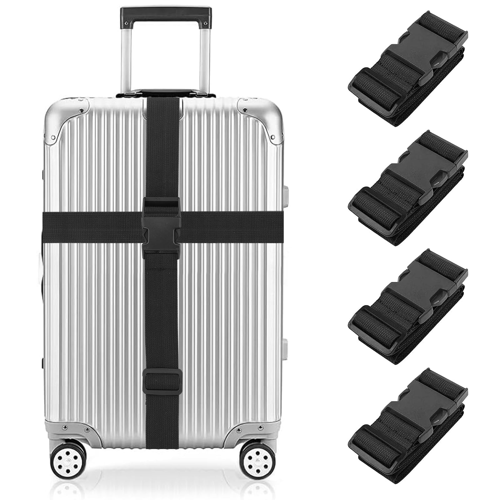 Newthinking Luggage Straps for Suitcase 4 Pack, Heavy Duty Adjustable Suitcase Bands with Buckle, Black Luggage Identifier Belts for Travel Case, 3.8x200CM