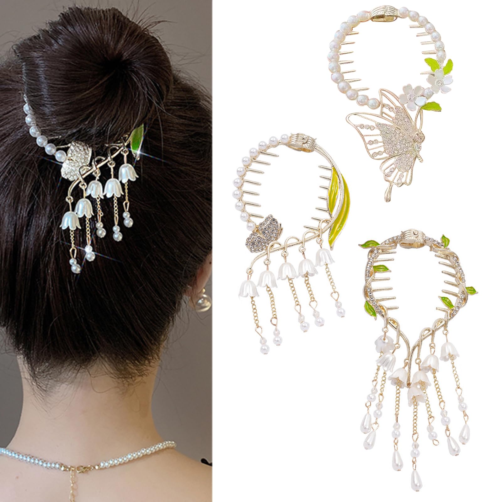 KASESSS 3 Pcs Lily of the Valley Flower Claw Clips, Butterfly Rhinestones & Pearl Hair Accessories for Women, Fashionable Glitter
