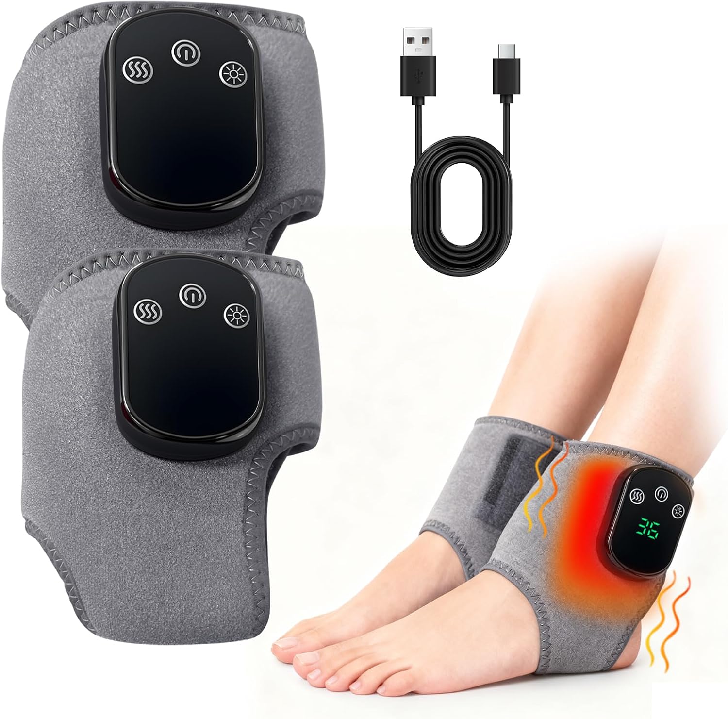 Foot Massager, Wireless 3-in-1 Foot Revive Massager with 3 Vibration Modes & 5 Heat Levels, Portable Heated Ankle Wrap for Both Father and Mother (2pcs)