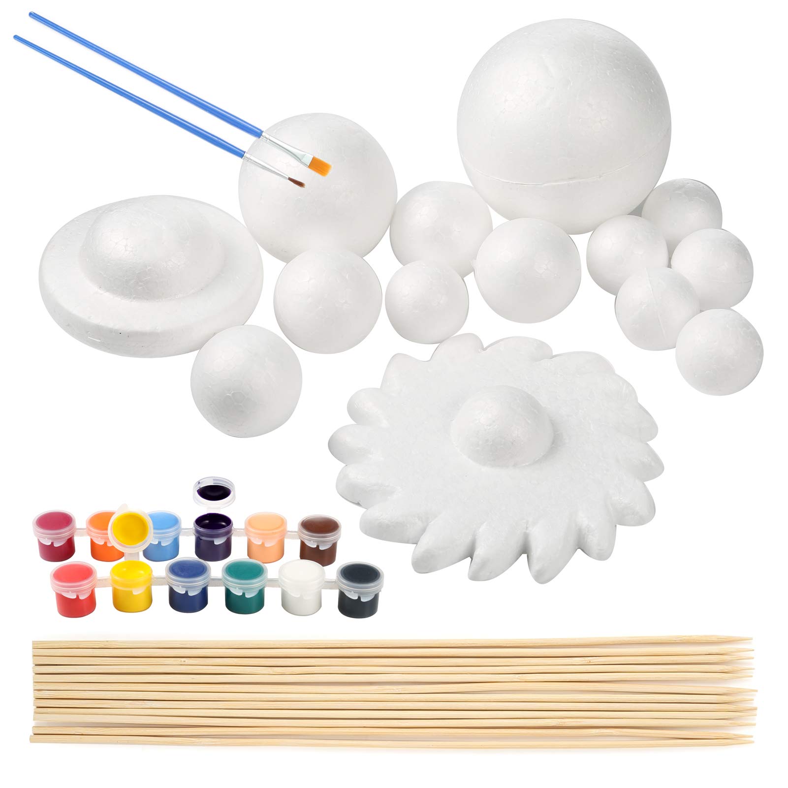 Pllieay Solar System Model Foam Ball Kit, Solar System for Kids Includes 14PCS Mixed Sized Polystyrene Spheres Balls, 12PCS Bamboo Sticks, 12 Color Pigments, 2PCS Painting Brushes for School Projects