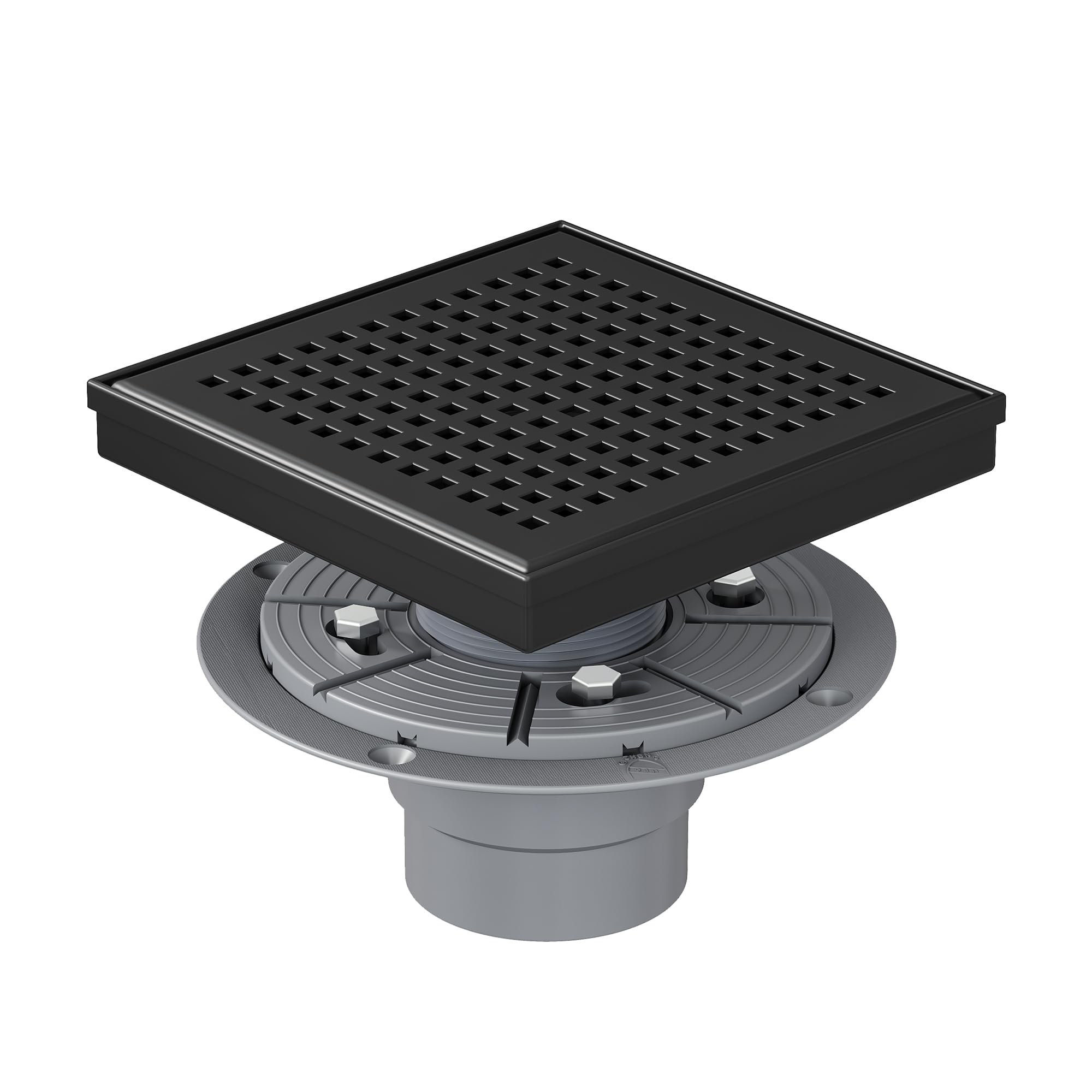 Photo 1 of Neodrain 6 Inch Square Shower Drain, 304 Stainless Steel Bathroom Drainage with Removable Quadrato Pattern Grate, PVC Shower Drain Base, Hair Strainer for Bathroom Floor Drains, Matte Black