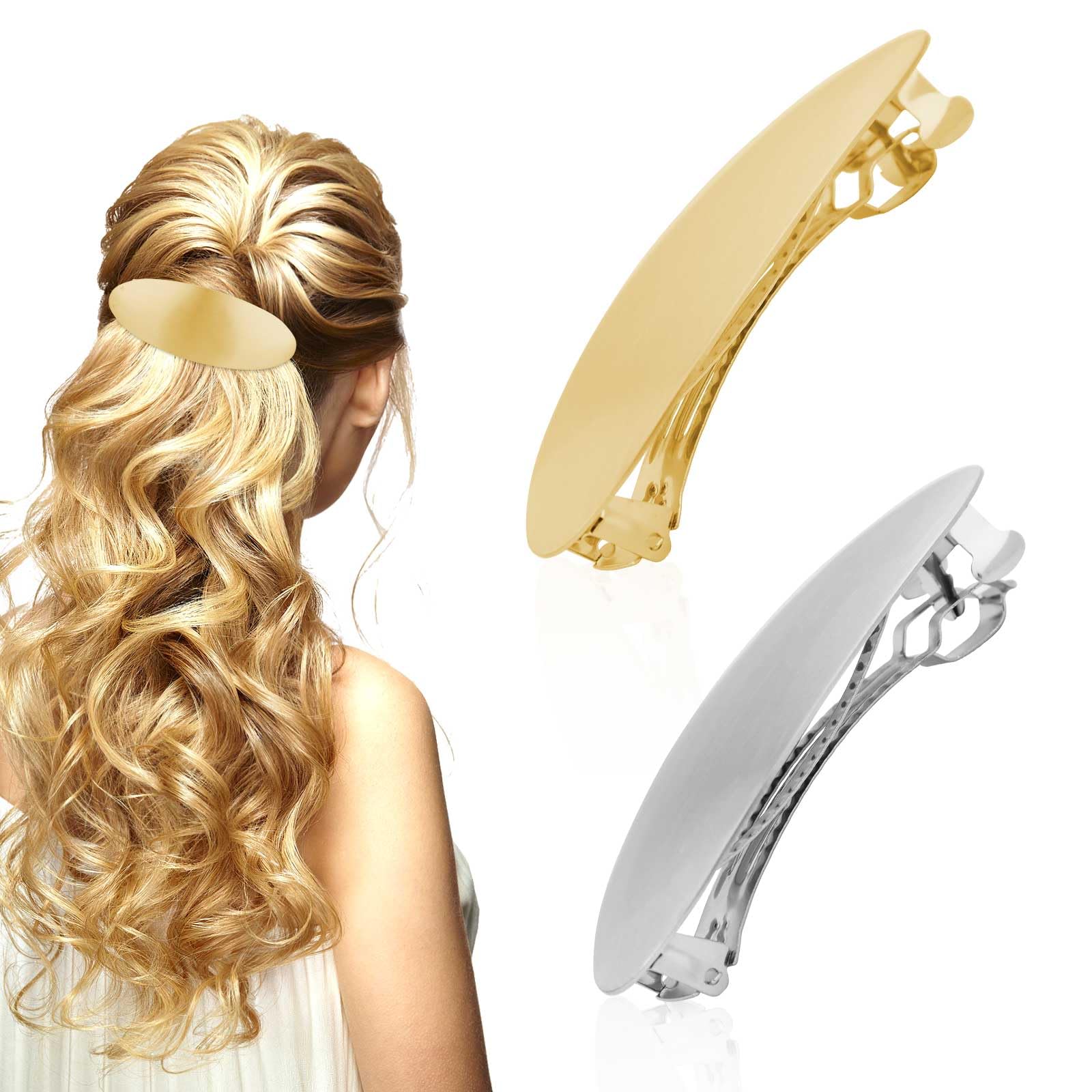 2pcs Oval Hair Barrettes, Matte French Barrettes Flat Metal Hair Barrettes Metal Snap Hair Clips Elegant Hair Barrettes Simple Hair Barrettes Hair Accessories for Women(Silver & Gold)