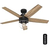 Hunter 52 inch Indoor Ceiling Fan with LED Light and Remote Control - Black Ceiling Fan, Standard Mount, 5 Blades, For Bedroo
