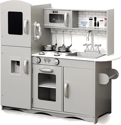Kidoz Signature Wooden Toy Kitchen Large Play Kitchen Grey With Lights Sounds