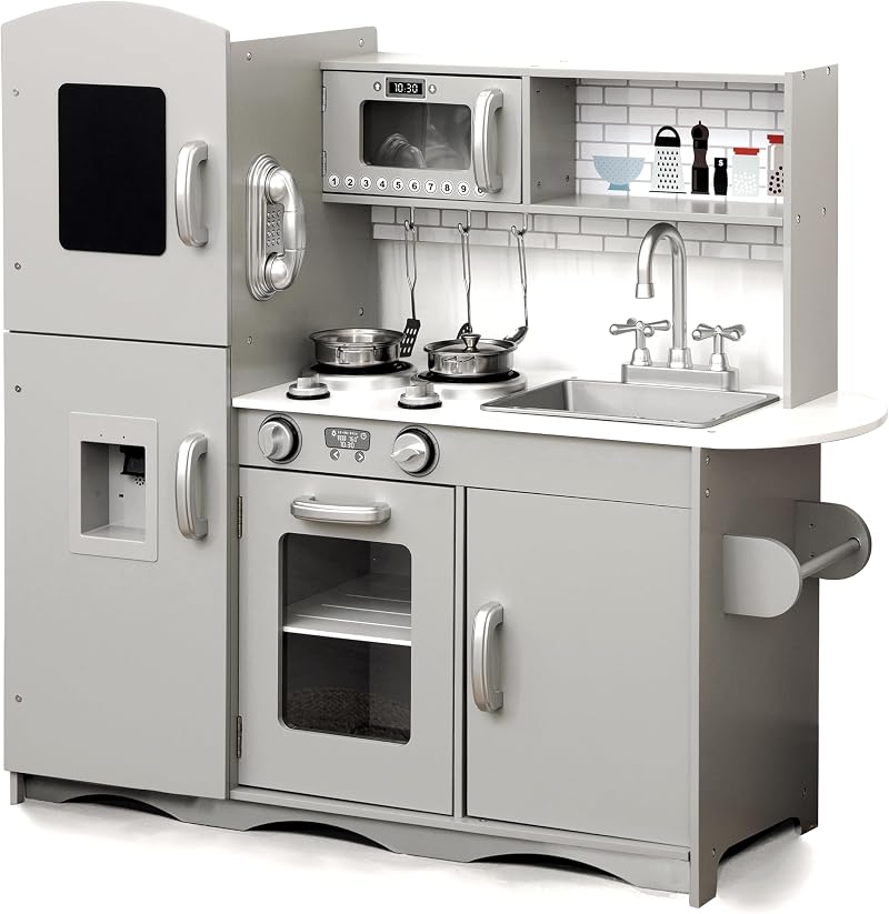 Kidoz Signature Wooden Toy Kitchen Large Play Kitchen Grey With Lights Sounds