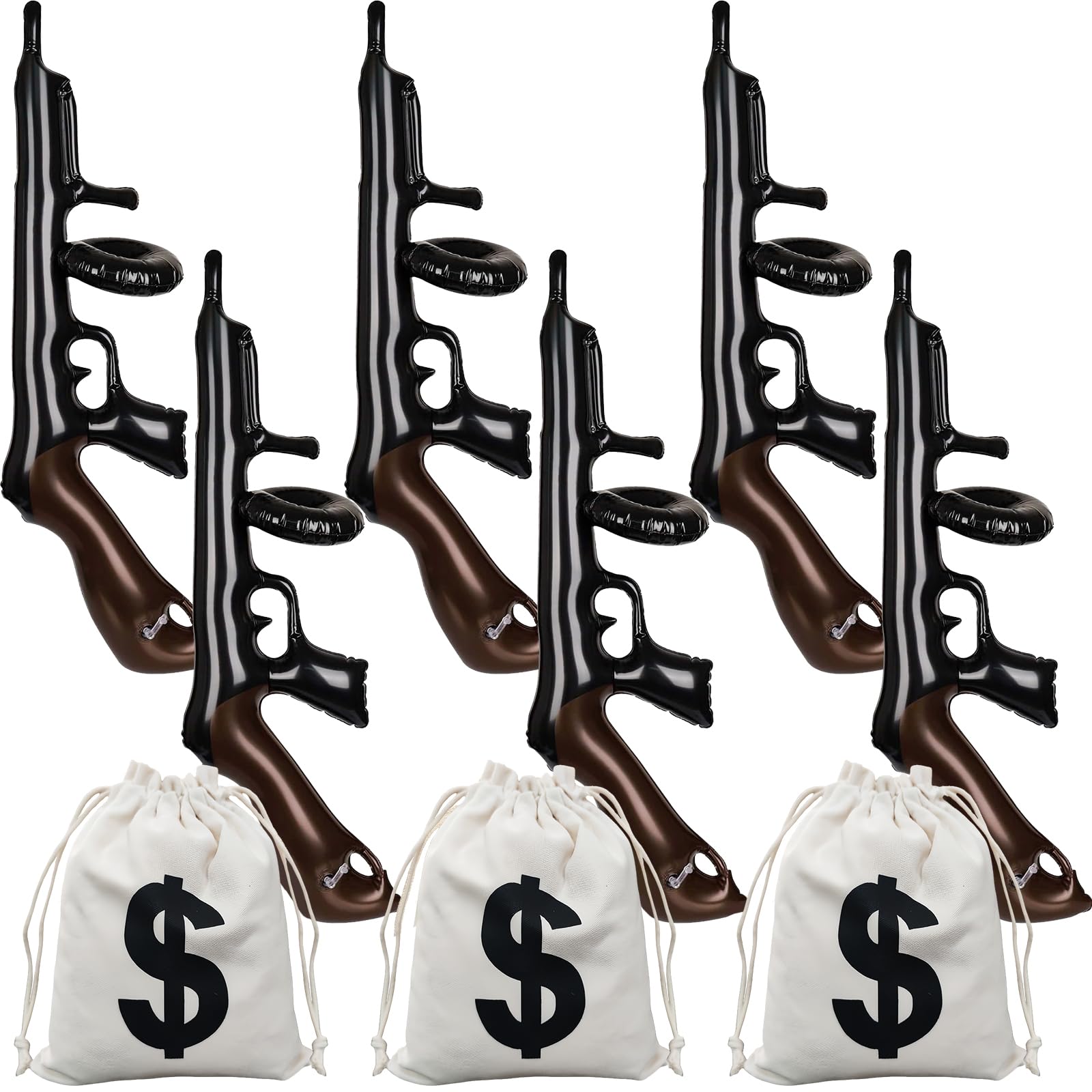 Photo 1 of 9 Pcs Inflatable Gun Props Canvas Money Pouch Set Party Decorating Money Bag with Drawstring Closure Inflatable Gun, 1920s Cosplay Theme Party Birthday Decorating Outdoor Sports Game Toy Supplies