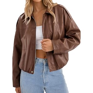 Tankaneo Womens Faux Leather Jackets Oversized Zip Up Moto Biker Coats | Bubble Hem, Going Out, Bomber Jackets, Fall Fashion,