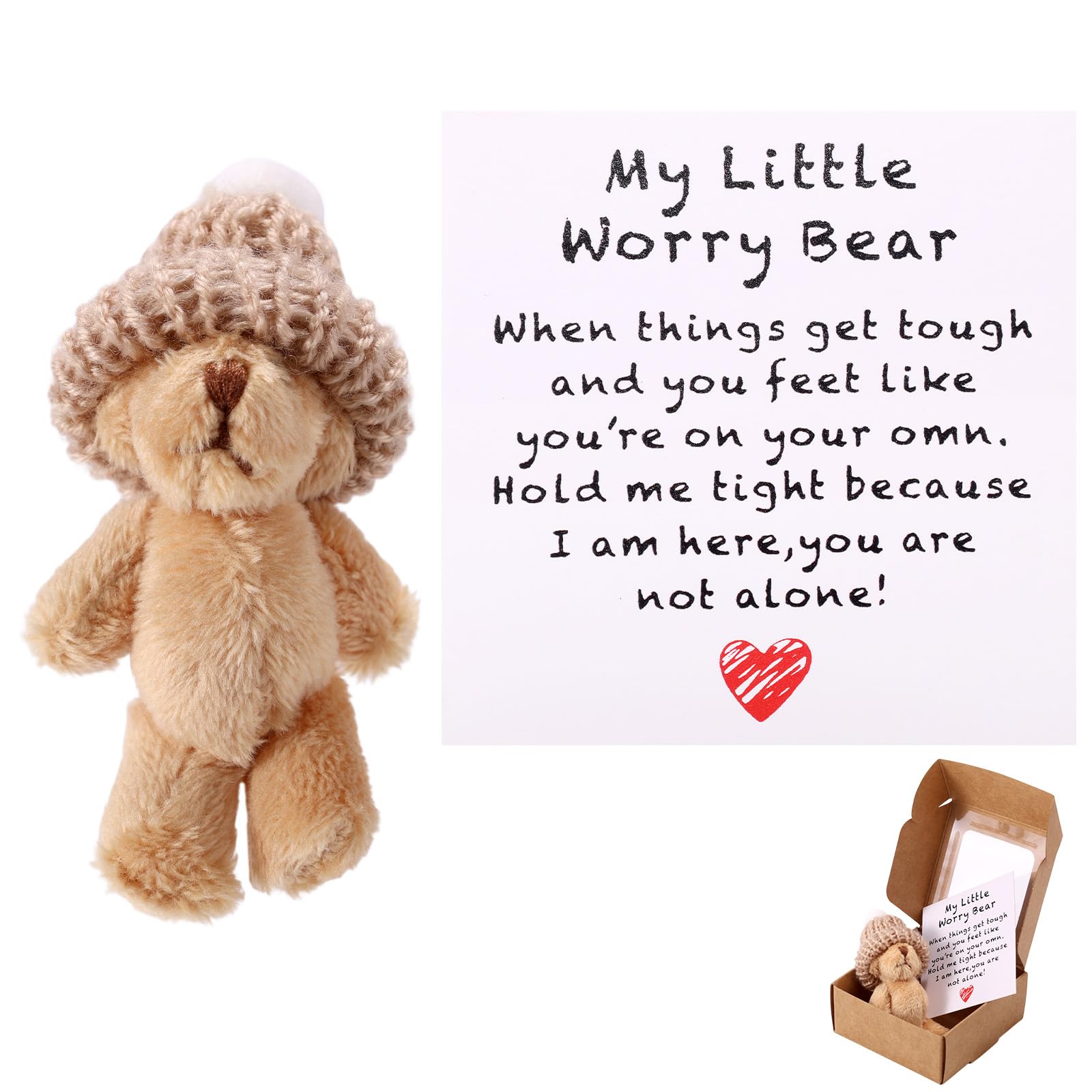 Photo 1 of TOYMIS Mini Plush Worry Bear with A Hat, Handmade Positive Small Plush Bear in A Box with Encouragement Little Card Inspirational Support Toy Suitable for Family Friend Coworkers Gift