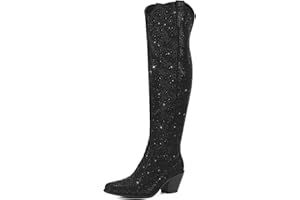 Rollda Rhinestone Cowboy Boots Sparkly Over the Knee Cowgirl Boots Pointed Toe Knee High Boots with Chunky Heel Thigh High Boots