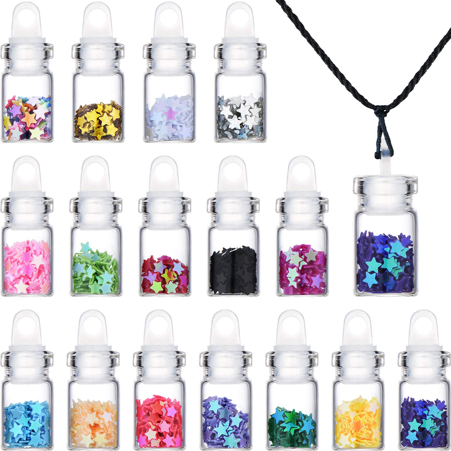 BBTO Pixie Necklaces Confetti Dust Bottles Mini Glass Bottle Necklace Wish Glass Jar with Glitter for Fairy Birthday Festive Party Daily Supplies (Star, 16 Pieces)