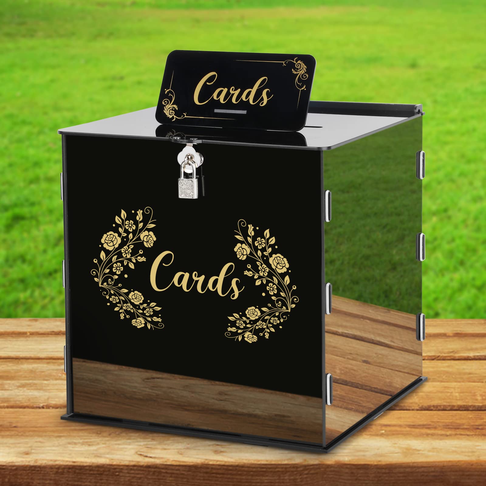Photo 1 of Black Acrylic Wedding Card Box Card Boxes with Lock and Card Sign, Gift Card Box Money Box Holder for Wedding Reception Anniversary Birthday Party Baby Shower Graduation Decorations (10x10x10 Inch)